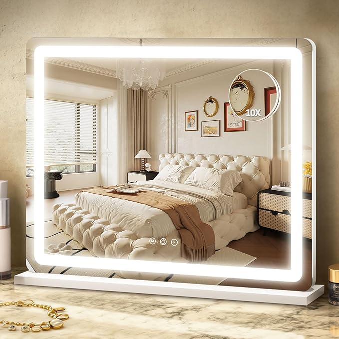 ROLOVE 23"x 18" Large Vanity Mirror with Lights, LED Makeup Mirror for Dresser and Desk, 10X Magnification, Dimmable Touch Control, Wall Mounted or Tabletop Mirror for Bedroom (White)
