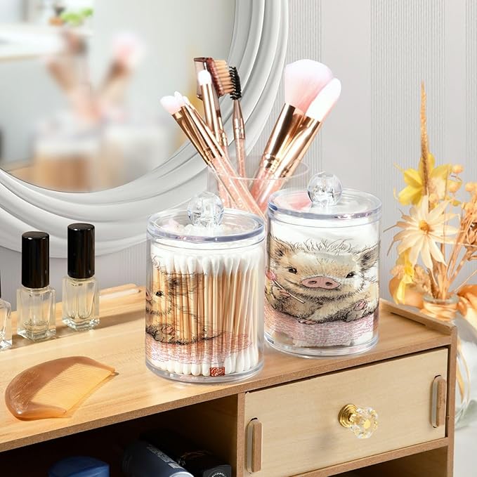2 Pack Apothecary Jars,Adorable Pig with Sweet Treat Bathroom Vanity Storage Organizer Set,Small Clear Plastic Storage Jars Bathroom Canister for Cotton Swabs,Rounds,Balls,Qtips,Makeup Sponges