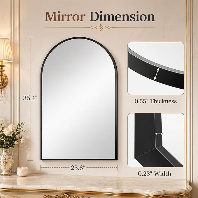 24"x36" Arched Black Bathroom Mirror – Metal Framed with HD Shatter-Proof Glass, Wall-Mounted for Over Sink, Entryway, Living Room, Bedroom