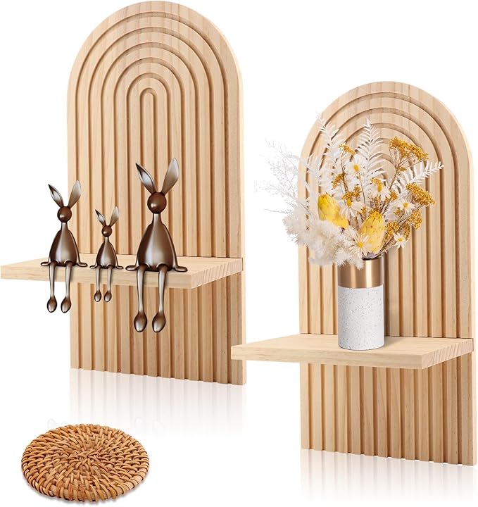 Boho Shelf Wall Decor Set of 2, Modern Arched Wooden Hanging Shelves Rainbow Wall Candle Holder Wood Bohemian Floating Shelves for Bathroom Nursery Bedroom(Color:Wood)
