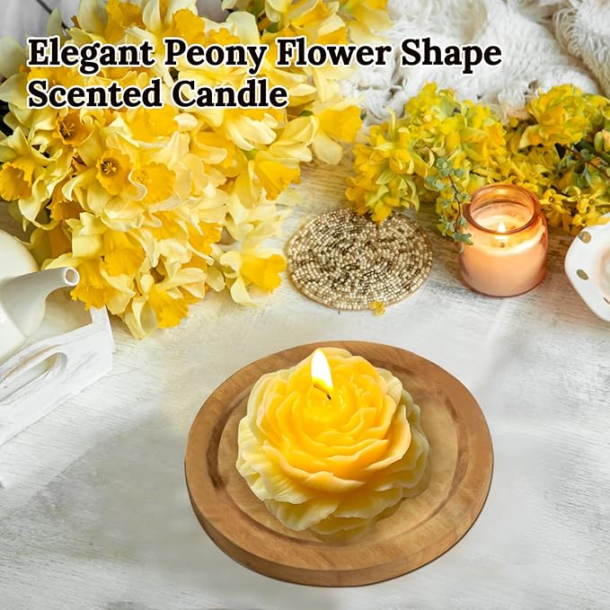 Yellow Peony Flower Shape Candles for Women - Aromatic Pastel Aesthetic Candle with Chamomile Fragrance - Christmas Gift for Friends Colleagues and Classmates (3 inch)