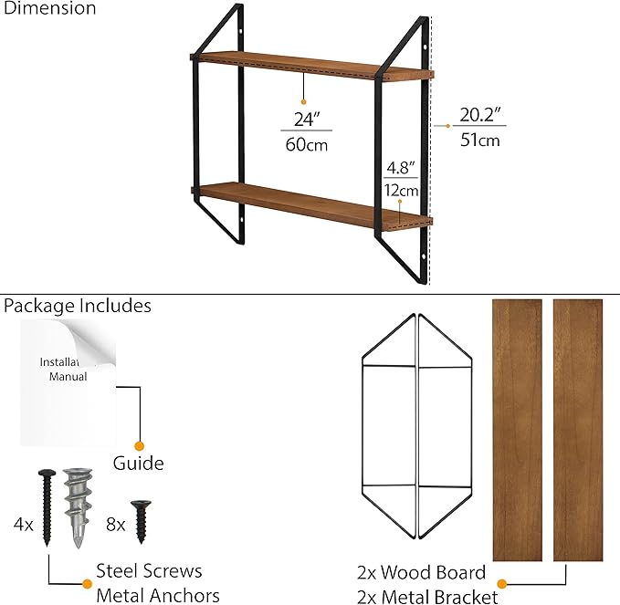 Wallniture Ponza Wood Floating Shelvesf for Wall Storage, 24" Floating Bookshelf, 2 Tier Wall Shelf for Livng Room, Bedroom, Bathroom, Kitchen, Walnut