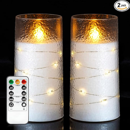 Homemory Upgraded Flameless Candles Flickering with Remote & Timer, 3x6 Inch LED Pillar Candles Battery Operated, Textured Wave Shell with Fairy String Lights, Fake Candle for Wedding, Home Decor