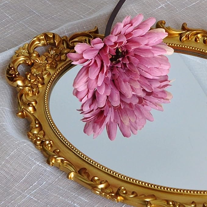 Oval Decorative Mirror Tray, French Style Flower Frame, Makeup Organizer, Jewelry Organizer, Serving Tray, 9.8"x 14.6", Gold