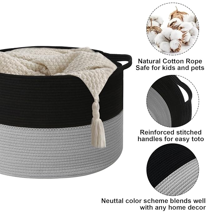 90L Large Blanket Basket, 21.7"x 21.7"x 13.8" Rope Woven Storage Basket with Handles, Laundry Hamper for Toys,Clothes,Pillows & Towels,Perfect for Living Room,Bedroom,Black&Light Grey