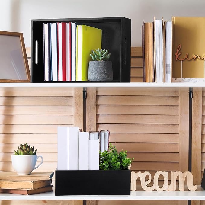 Set of 6 Wood Storage Boxes with Handles Wooden Nesting Crates Rustic Farmhouse Storage Container for DIY Crafts Party Home Table Decoration Display(Black)