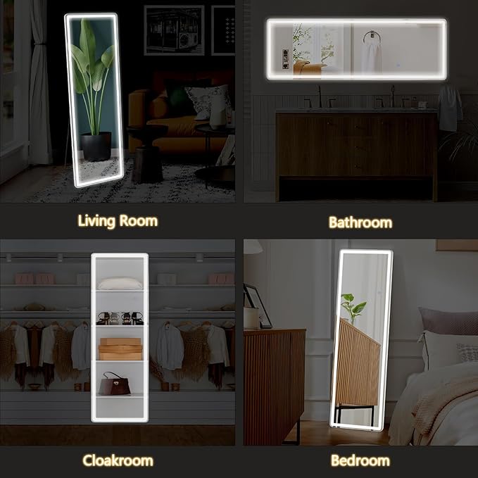 Sweetcrispy LED Full Length Mirror with Stand, 60"x16" Lighted Floor Body Mirror with Dimming & 3 Color Lighting, Hanging or Leaning, Floor Standing for Bedroom, Dressing Room