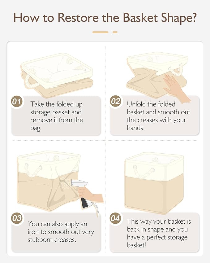 Patvingot 11 Inch Cube Storage Bins, 6 Pack Fabric Storage Cubes with Rope Handles, Organizer Baskets for Closet Shelves, Clothes and Home Organization(White/Khaki)