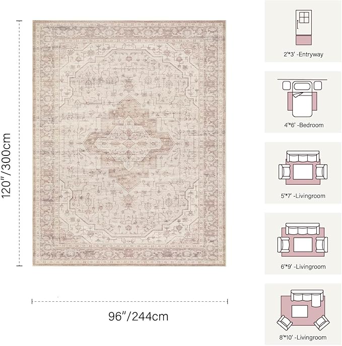 8x10 Washable Area Rug for Living Room & Bedroom, Extra Lager Soft Pink Rugs for Girls Women, Non Slip, Durable Low Pile Carpet, Vintage Carpets for Office, Dining Room, Farmhouse and Kids Room
