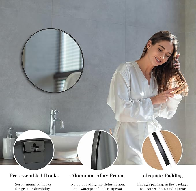 NEWBULIG Black Round Wall Mirror 20 Inch, Bathroom Mirrors for Over Sink, Wall Decor for Bathroom, Entryway, Bedroom, Vanity