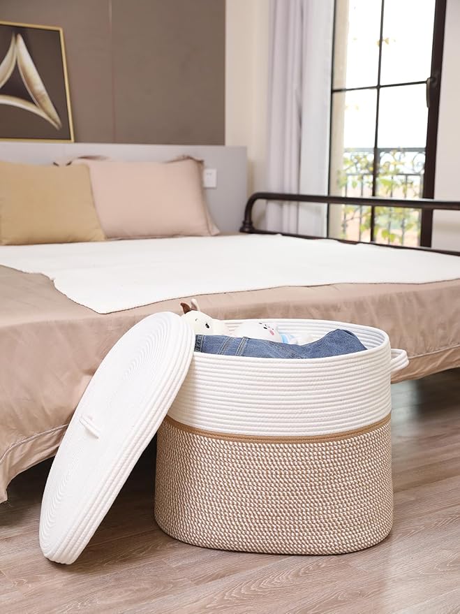 22"x14"x18" Rectangular Extra Large Storage Basket With Lid, Large Cotton Rope Storage Basket, Woven Laundry Hamper, Cloth Storage Bin, for Clothes Towels Blankets in Living Room, White/Camel Mix