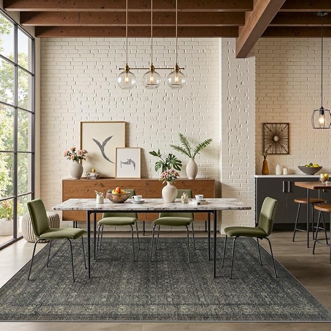 Rugxara 6x9 Washable Area Rug for Living Room, Vintage Large Boho Rugs for Office, Dining Room, Kids Room, Farmhouse, Durable Low Pile Non Slip Carpet for High Traffic Areas, Moss Brown