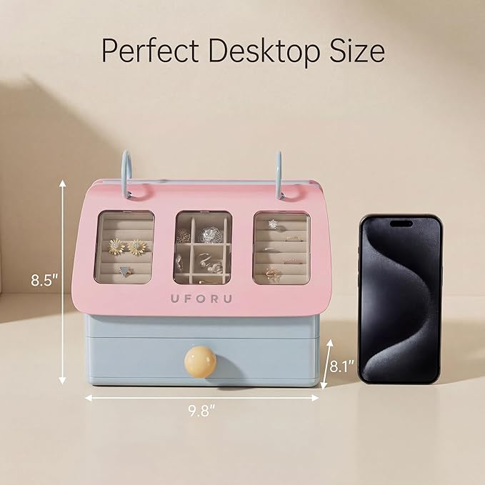 Cute Jewelry Box Organizer for Women Girls, Large House-Shaped Display Case with Clear Lid, 3-Layer Velvet Storage for Earrings Rings Necklaces, Aesthetic Room Decor Gift (Strawberry Milk)