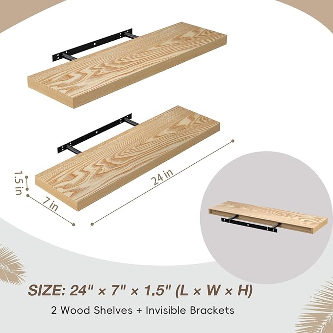 Lufia Floating Wall Shelves, Set of 2, MDF with Invisible Brackets, Modern Storage for Bedroom, Bathroom, Living Room, Kitchen (Oak, 24" W x 7" D x 1.5" H)