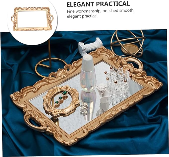 Hemobllo European Mirror Tray Vintage Golden Rectangular Cosmetics Storage Plate Retro Makeup Organizer for Vanity and Home Décor