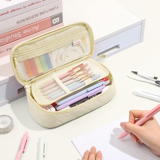 SUNEE Cute Pencil Case, Large Capacity Pencil Pouch Aesthetic Zipper Pencil Bag, Big Storage Pen Organizer for Stationery, Soft Quilted Pencil Box Back to School Supplies for Teen Girls Boys, Cream