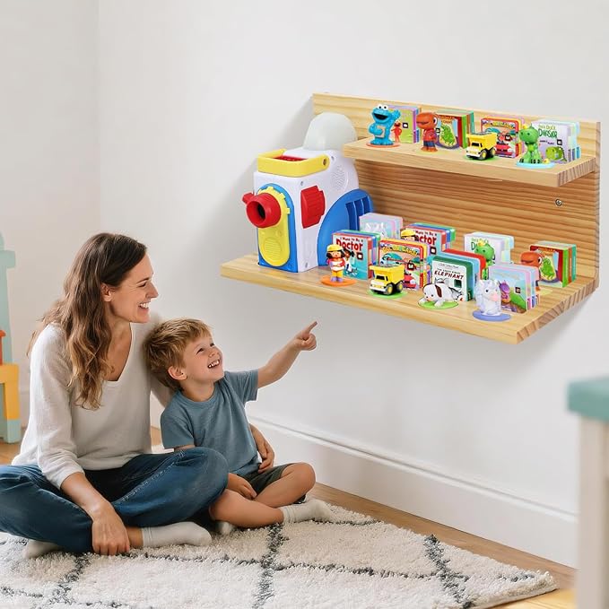Floating Shelves for Little Tikes Story Dream Machine,Wall Shelf for Little Tikes Projector Books Audio Play Character Storage Tray Organizer for Toddlers and Kids Girls Boys,Pine(Natural Wood)