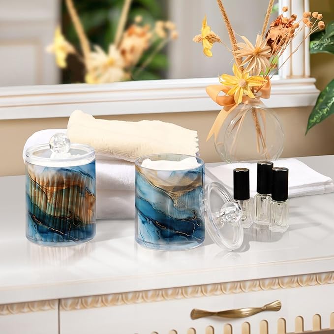 4 Pack Qtip Holder Dispenser Gold Marble Blue Fluid Marble Cotton Ball Swab Round Pads Floss Clear Bathroom Storage Containers Plastic Apothecary Jars with Lids