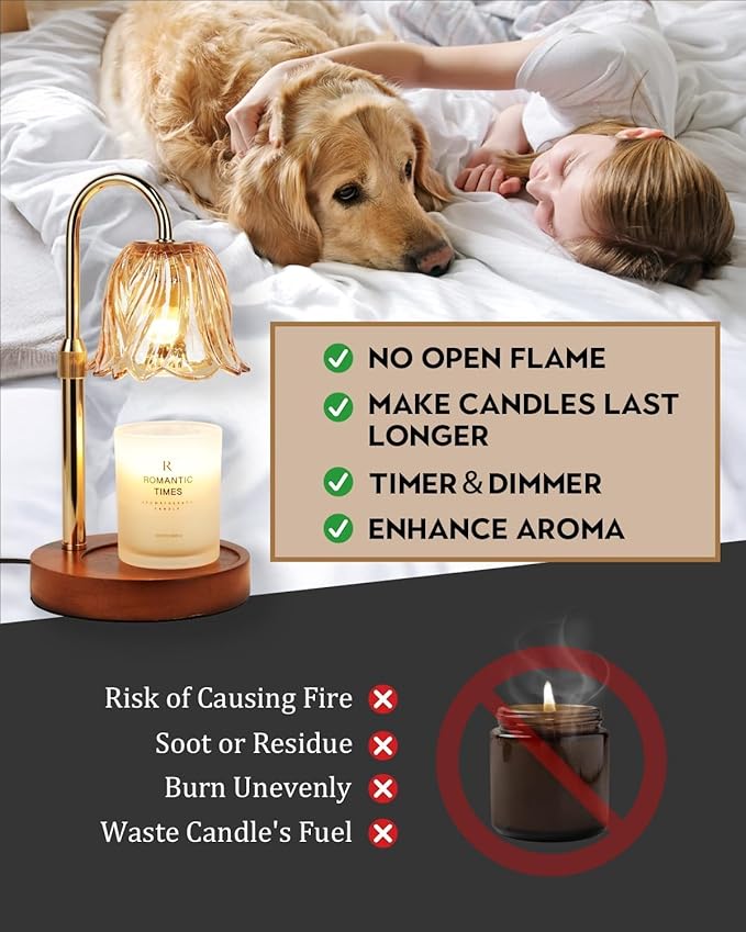 Funistree Candle Warmer Lamp, Gold Candle Lamp Warmer with Timer & Dimmer with 2 Bulbs, Mothers Day Birthday Gifts for Women Mom, House Warming Gift New Home Bedroom Decor, Height Adjustable