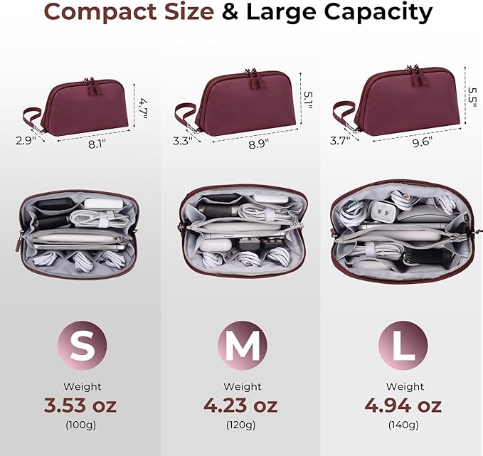 FYY Travel Cable Organizer - 8 Compartments Lightweight Water Resistant Tech Pouch with Wrist Strap, Electronic Accessories Case for Cord Charger Storage for Travel Home Office, Wine Red (Small)