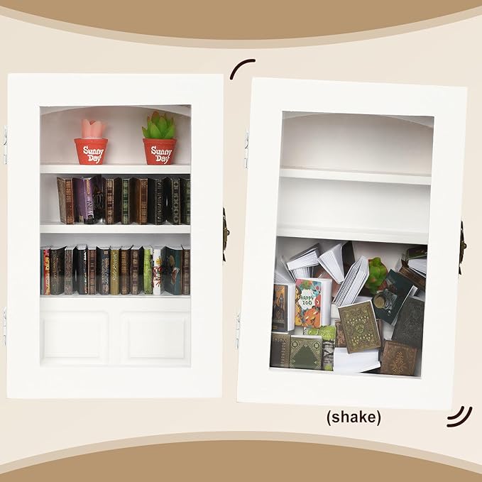 Anxiety Bookshelf with 24 Real Mini Books, Unique Mini Book Shelf, Miniature Library Gifts for Book Lovers, Anxiety Bookshelf for Home Room Office Decor (White)