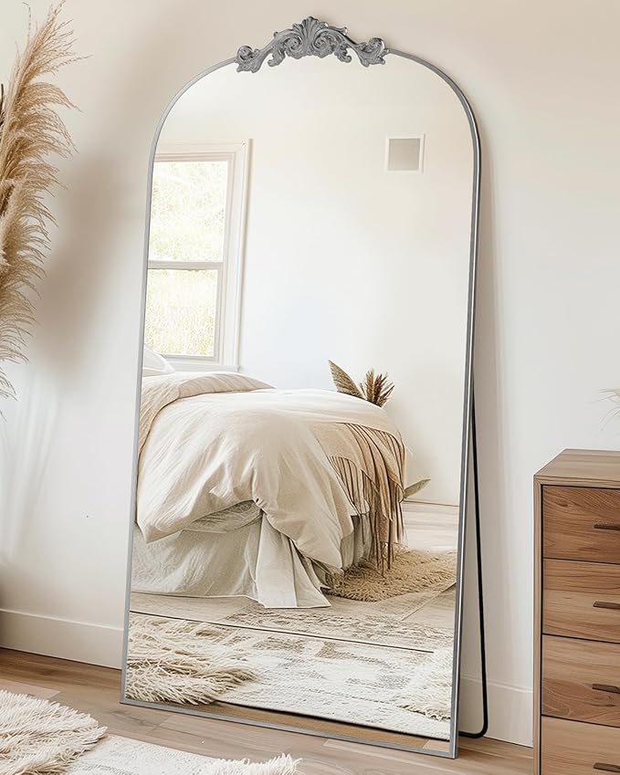 Vintage Full Length Mirror,78"x38" Arched Antique Floor Mirror with Carved Metal Frame,Large Standing Wall Mounted or Leaning Mirror for Bedroom Living Room Entryway,Sliver