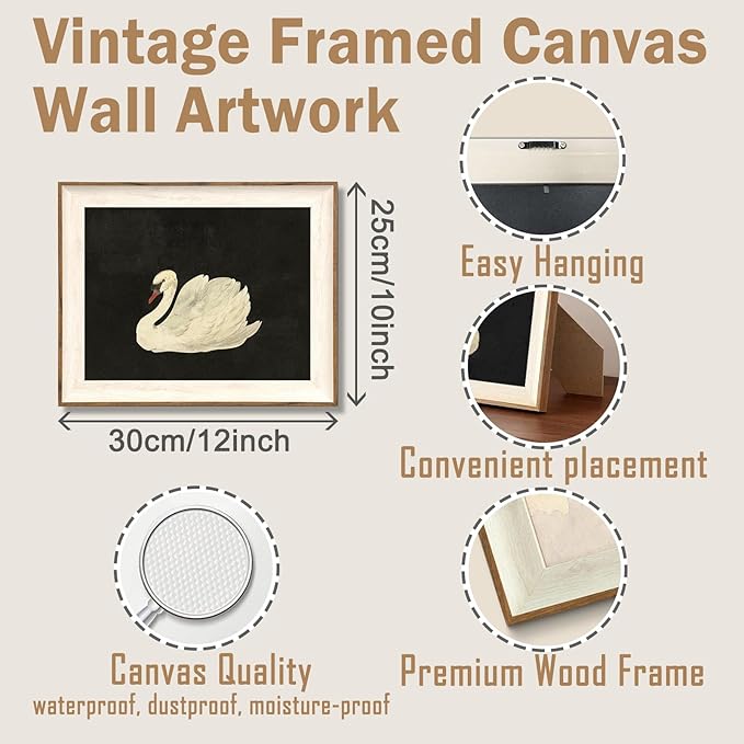 ASTRDECOR Vintage Framed Wall Art for Living Room, Vintage Swan Canvas Oil Painting for Bathroom Wall Decor, Classical Animal Framed Art for Home Decor Aesthetic, Zwaan Black and White Wall Art Prints for Bedroom Decor-10''x12''