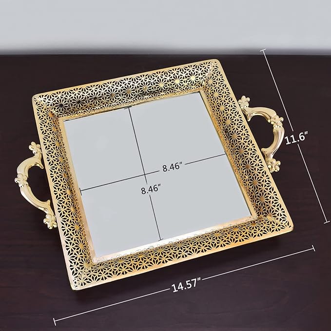 Mirrored Tray with Handles Home Decor Vanity Tray for Dresser Make Up Jewelry Organizer Perfume Decorative Serving Glass Mirror Gold