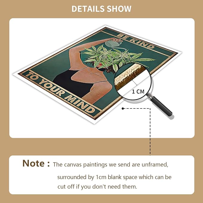 Vintage Be Kind To Your Mind Poster Mental Health Quote Canvas Wall Art Posters Cool Unique Green Plant Girl Print Painting Retro Home Wall Decor Pictures for Women Bedroom 24x36in Unframed
