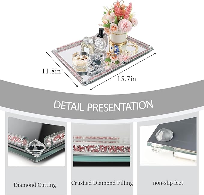 Large Crystal Serving Tray, 15.7" x 11.8" Crushed Diamond Mirror Perfume Rectangular Makeup Display Tray, Crystal Makeup Organizer for Bathroom, Home Decor, Cosmetics, Dresser(Rose Red)