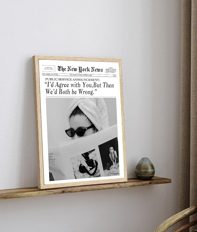 Bwodke OAK Wood Framed Wall Art News Canvas Art Cool Girl Pictures Magazine Bar Cart Wall Decor Vintage Prints Trendy Newspaper Artwork for Girly Dorm Bedroom 12"x16"