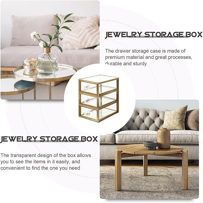 DOITOOL Drawer Jewelry Storage Box with Alloy Frame Transparent Glass Display Case for Small Accessories Versatile Makeup and Office Organizer Space-saving Compact Design for Home and Dorm