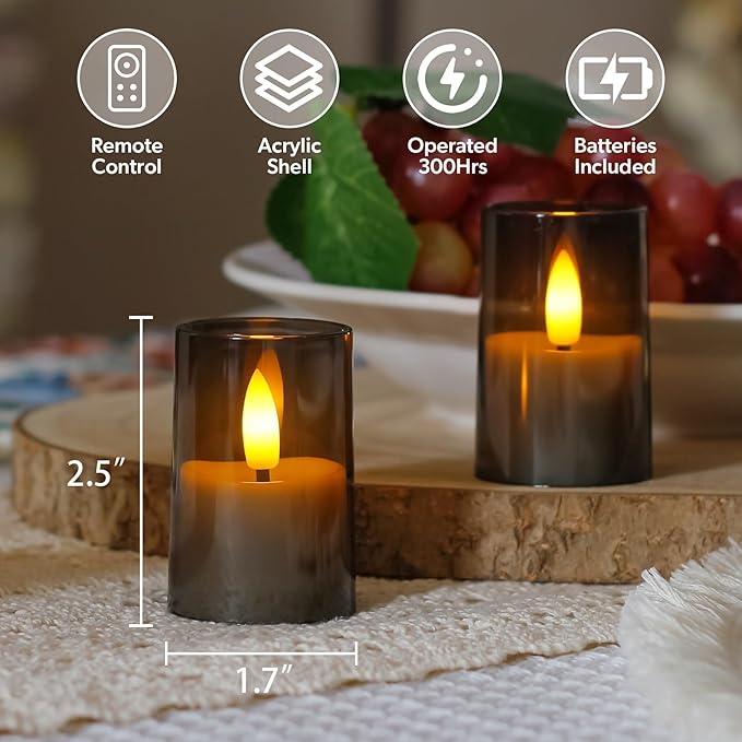 Flameless Small Tea Light LED Candles, Acrylic Battery Operated Votive 1.7" x2.5" with Remote Control and Timer, Tealight Grey Flickering Warm Light Pack of 8 Electric Long Lasting