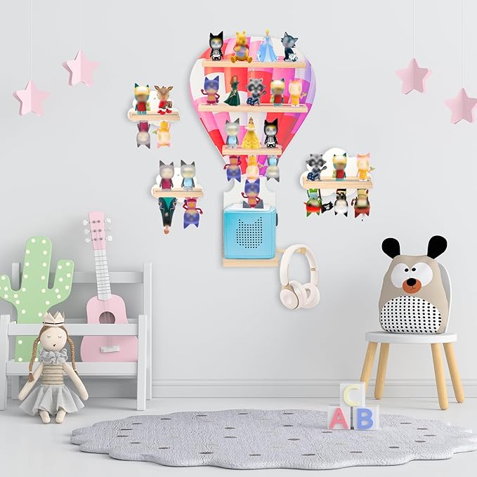 for Toniebox 2 and Toniebox 1 Tonie Shelf Wall Mounted Set of 4 (Balloons and 3 Cloud),Tonies Figures Tonies Storage,Magnetic Wooden Floating Shelves Compatible with Tonie box Player Character