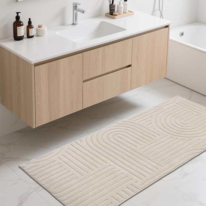 SHACOS Soft Cozy Fluffy Arch Pattern High-Low Pile Runner Rugs 2'x5' Non Slip Washable Scandinavian Minimalist Rug Runner Modern Geometric Carpet for Bedroom Bathroom Hallway Living Room, Beige