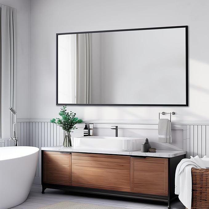 Antok 60x30 Black Metal Framed Bathroom Mirror, Square Edge Rectangular Wall Mirror, Vanity Mirror for Over Sink, Anti-Rust Tempered Glass, Horizontal/Vertical Hanging, Modern Farmhouse Decor