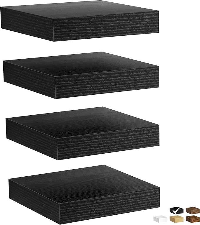 Fun Memories Floating Shelves for Wall, Rustic Wood Wall Mounted Shelves for Bathroom, Bedroom, Living Room & Kitchen, Storage Display Shelves, (Set of 4, Black, 8 in)
