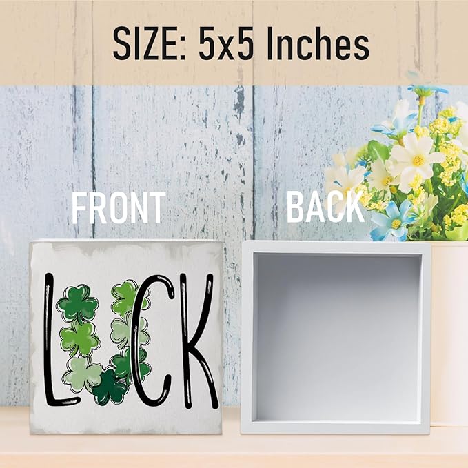 St. Patrick's Day Decorations, Irish Luck Shamrock Wooden Box Sign Desk Decor, Lucky Sign for St Patrick's Day Home Party Decor 5x5