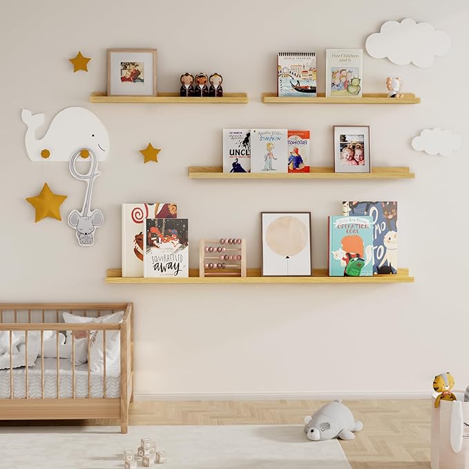 Floating Picture Ledge Shelves Set of 2, 16 Inch Solid Wood Wall Shelves with Lip, Large Nursery Book Shelf for Toys Storage, Kids Bookshelf, Living Room, Bedroom Decor Frames, Natural Oak