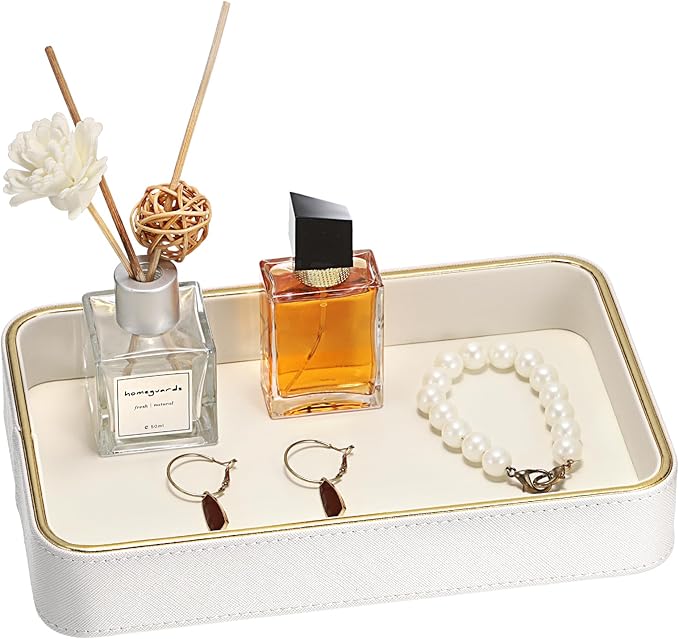 Hipiwe Decorative Perfume Tray PU Leather Valet Trays Bathroom Vanity Tray Catchall Trays Bedside Nightstand Organizer for Dresser Earrings Trinket Jewelry Holder, 9.5" x 6.1" x 1.5"