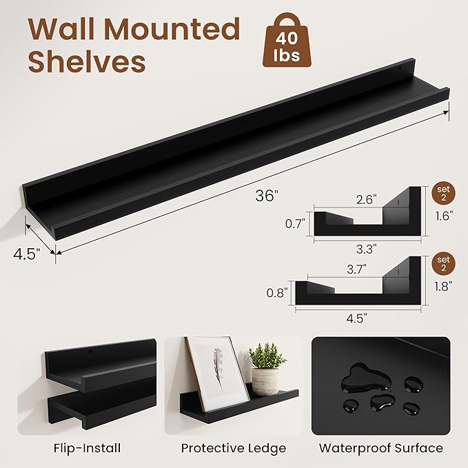 Heimlove Picture Ledge Shelf,36 inch Long Floating Shelves for Wall Set of 4,Black Picture Shelf with Lip for Wall Decor,Living Room,Bedroom,Bookshelf,Nursery,Perfume