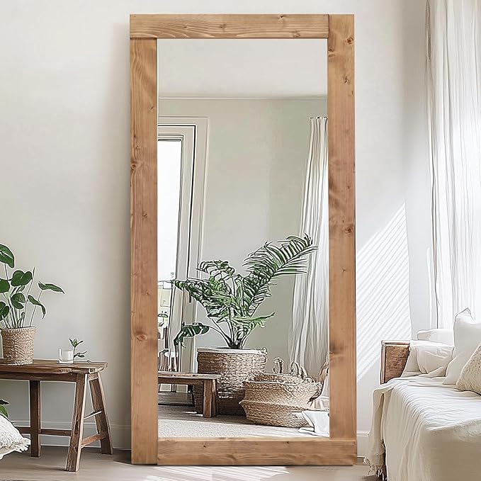 Full Length Mirror 71"x32" – Solid Wood Frame, HD Tempered Glass, Wall Mounted & Leaning, Rustic Modern Decor for Bedroom, Living Room, Entryway, Light Brown