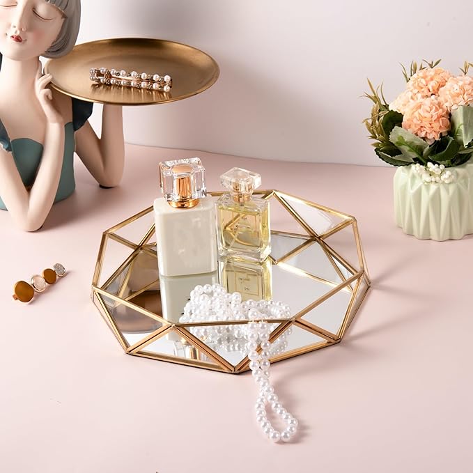 Feyarl Gold Glass Perfume Tray Mirror Vanity Jewelry Trinket Organizer Tray Ornate Cosmetic Makeup Display Decorative Coffee Table Tray for Wedding Home Decor Dresser Tabletop Countertop (9.5inch)
