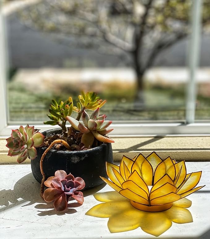 Om Gallery Capiz Shell Lotus Flower Decor Tealight Candle Holder for Serene Ambiance - Handmade Decorative Candle Holders for Meditation, Yoga, and Relaxation, Sunshine