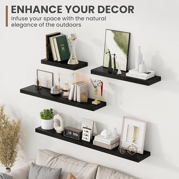 Acovy 55 Inch Floating Shelves, 8 Inch Deep Floating Shelves for Wall, Hanging Shelf with Invisible Brackets, Deep Shelves for Bathroom, Bedroom, Living Room, Black, Set of 2