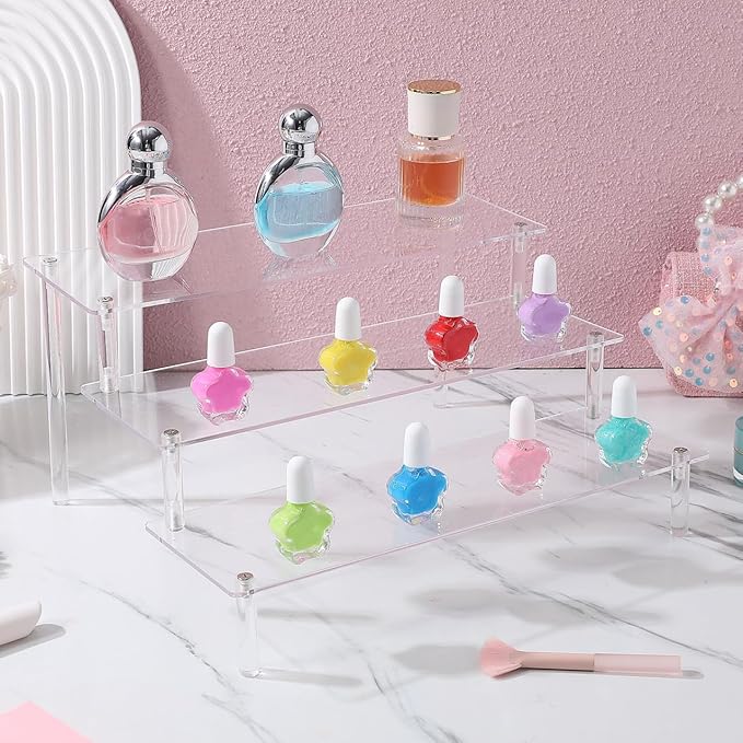 Acrylic Display Shelf Organizer Perfume Stand with Wide Layers Storage Riser for Makeup and Desserts Easy Assembly Stable and Versatile Desktop Display