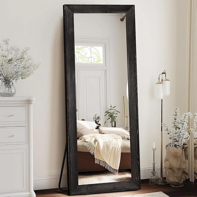 Full Length Mirror 65"x24" - Beveled Edge Rustic Black Dressing Mirror, Solid Wood Frame, Wall Mounted or Standing for Bedroom, Entryway, Living Room