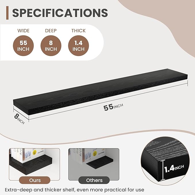 Acovy 55 Inch Floating Shelves, 8 Inch Deep Floating Shelves for Wall, Hanging Shelf with Invisible Brackets, Deep Shelves for Bathroom, Bedroom, Living Room, Black, Set of 1