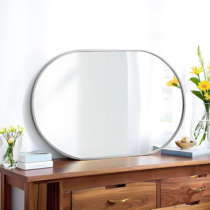 SCWF-GZ 30x20 Mirror Runway Oval Wall Mounted Aluminum Alloy Metal Frame Rectangle Mirrors for Entryway Bedroom Bathroom Living Room 30 20 inch Silver