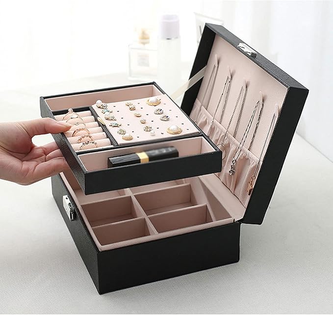 Jewelry storage box Makeup Organizers Jewelry Box,Jewelry Box for Women Large Leather Jewelry Organizer Two Layers with Lock Display for Earrings Bracelets Rings Watches Jewelry Case (B)